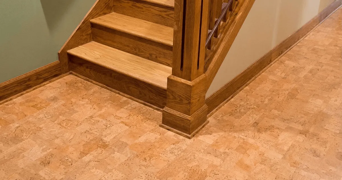 End of a staircase with cork flooring in Dover, DE