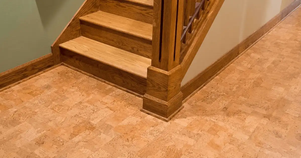 End of a staircase with cork flooring in Dover, DE