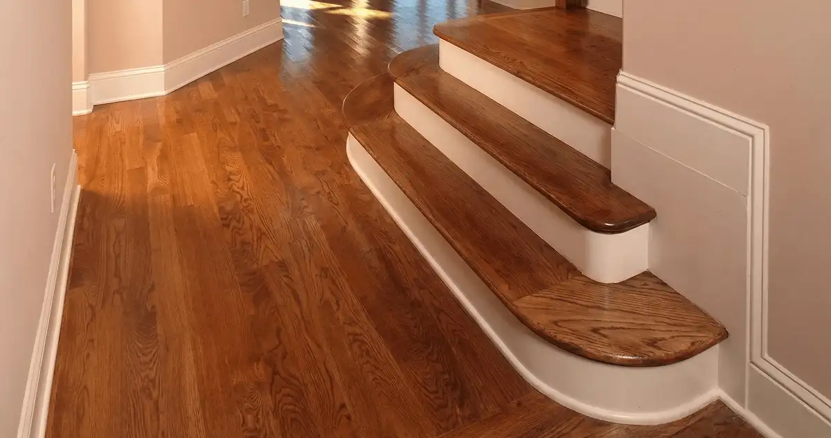 Base floor of a staircase with professionally restored wood flooring in Dover DE