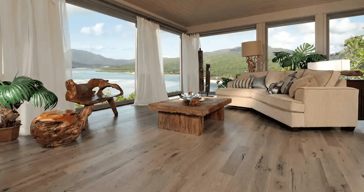 Professionally installed vinyl flooring in a modern living room with large windows in Dover, DE